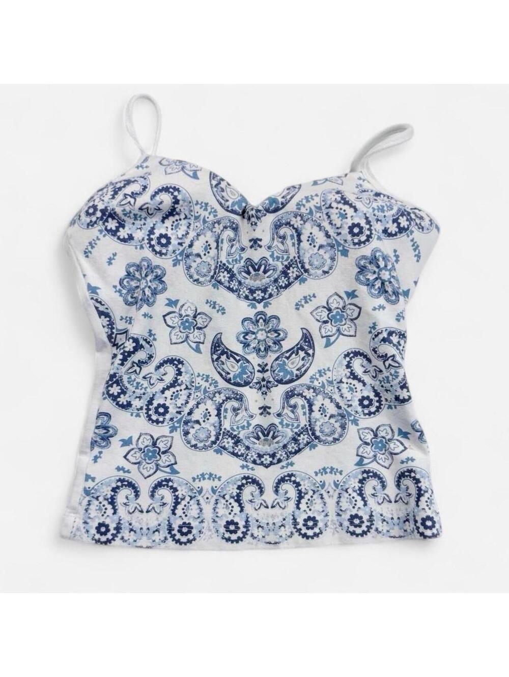 Womens M White Blue Paisley Bandana Print Cami Top Spaghetti Strap Shelf Bra Y2K